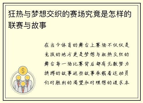 狂热与梦想交织的赛场究竟是怎样的联赛与故事
